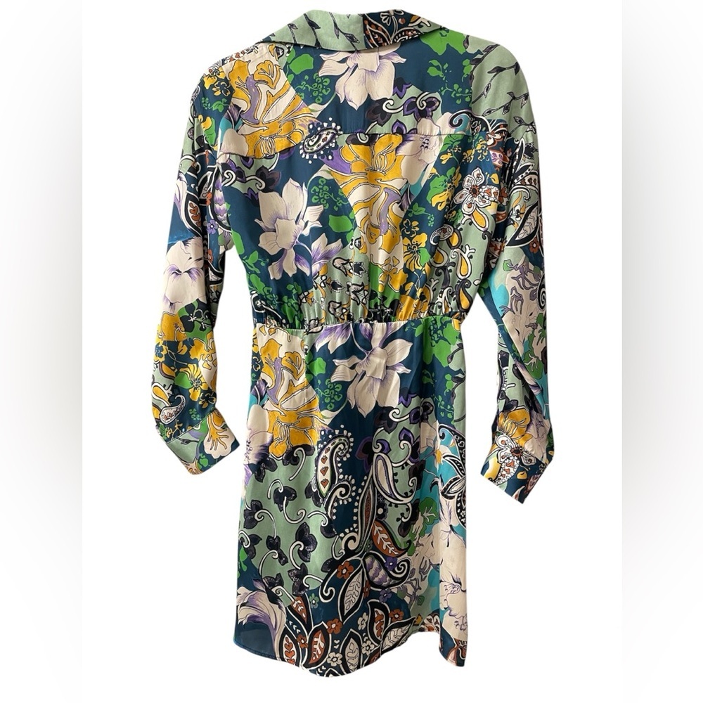 Zara Green Paisley Printed Patchwork Mini Dress Silk Tie Waist Small NWT - Picture 4 of 6
